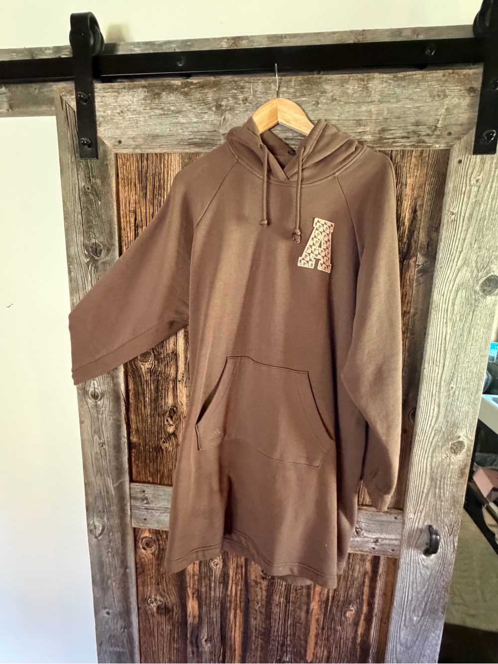 Women's Brown Hooded Pullover Sweater dress with Patch Accent